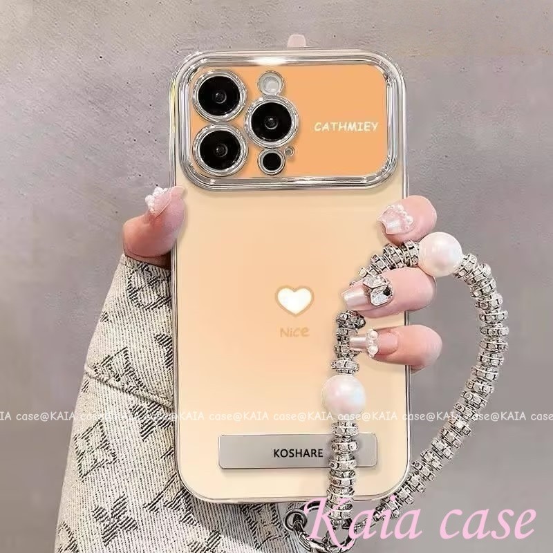 case OPPO Hati kecil berwarna kuning dengan penyangga dan rantai Casing ponsel cocok untukOPPOA15/A1