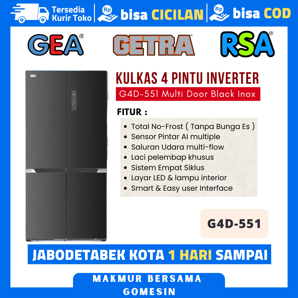 Gea G4D 551 G4D-551 Kulkas Side By Side 4 Pintu Inverter 551 Liter