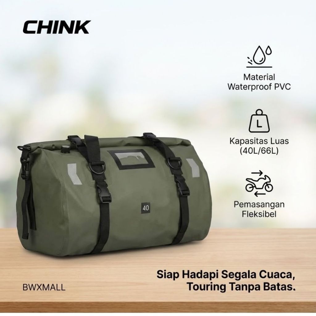CHINK Tas Motor Anti Air Waterproof PVC 40L 66L Tail Bag Tas Touring Motor Jok Belakang Pannier Peli