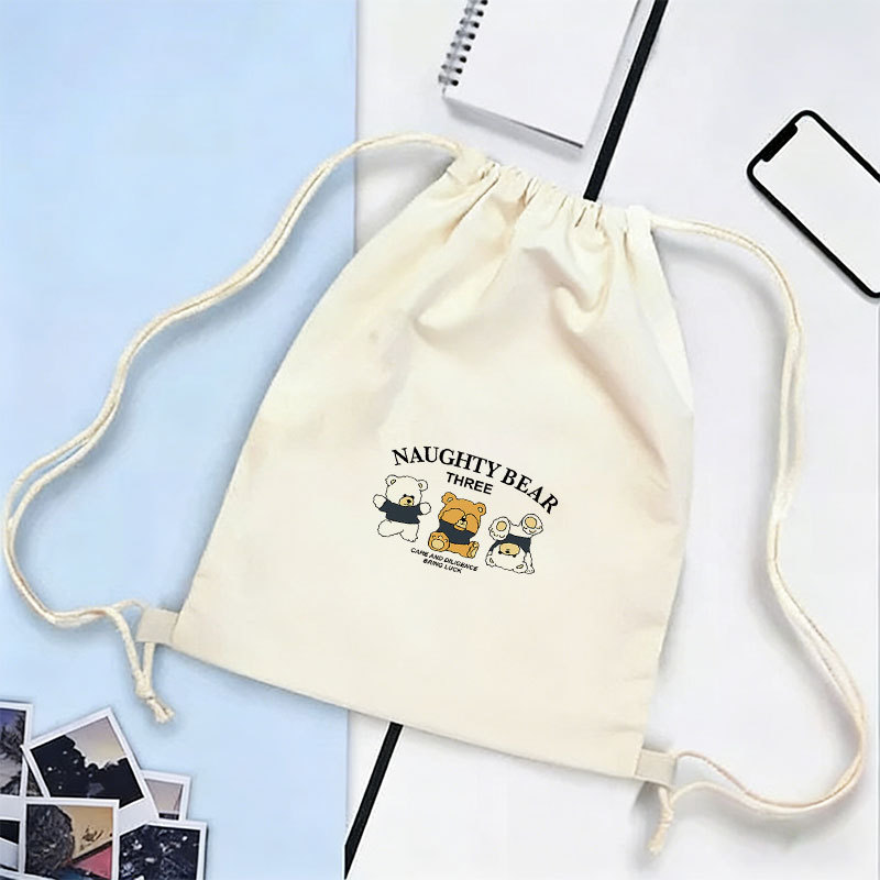 Three Bears Print Drawstring Bag—A casual canvas shoulder bag perfect for school, sports, and travel