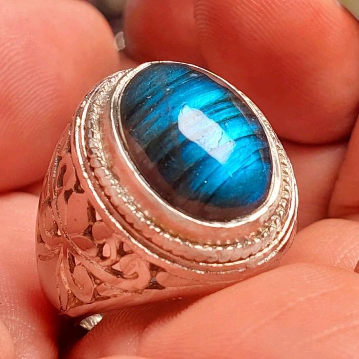 Cincin batu labradorite 18mm / batu rainbow labrador pelangi asli natural