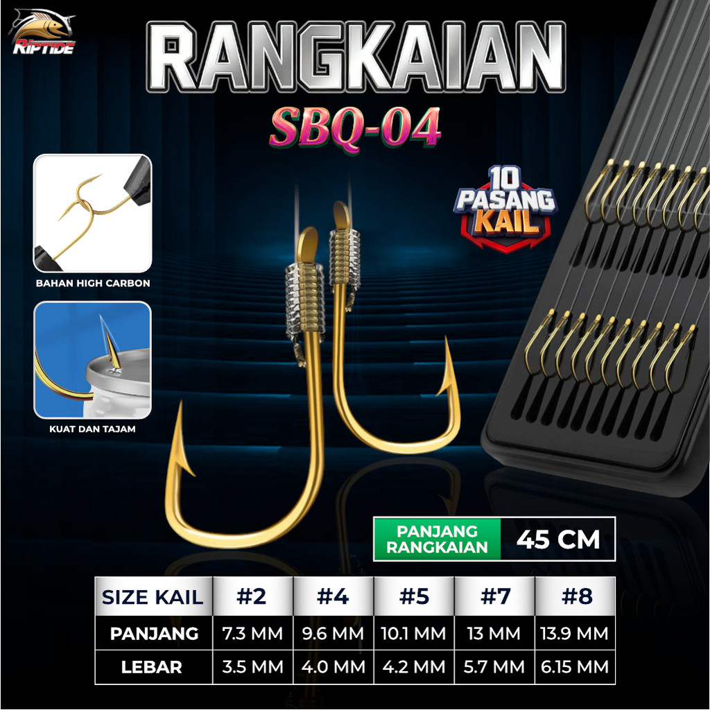 RANGKAIAN KAIL PANCING RIPTIDE SBQ-04 KAIL EMAS HIGH CARBON KUAT TAJAM ISI 10 PASANG HOOK CABANG DUA