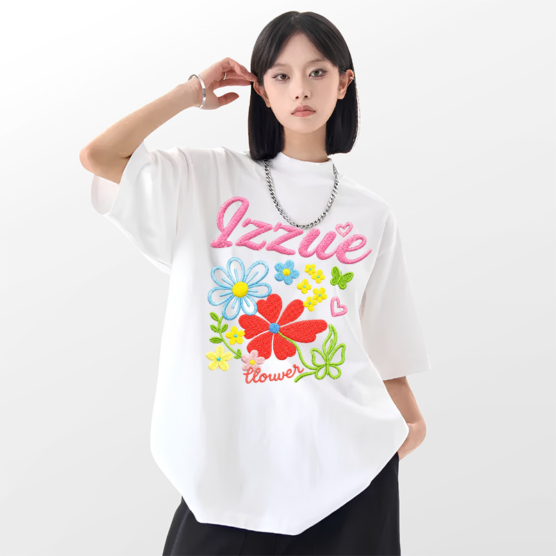 Oversize Outfit Clothes | Kaos Oversize Lengan Pendek Motif Bunga Warna-Warni Bordir Tiruan Izzue St