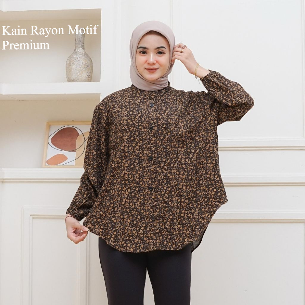 Kemeja Motif Shanghai Blouse rayon Wanita kekinian LD 110 - 120