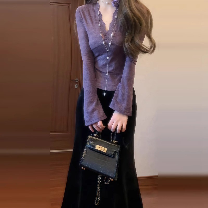 Prancis v Lengan Panjang Renda Kerah T Kemeja Pendek Dasar untuk Wanita