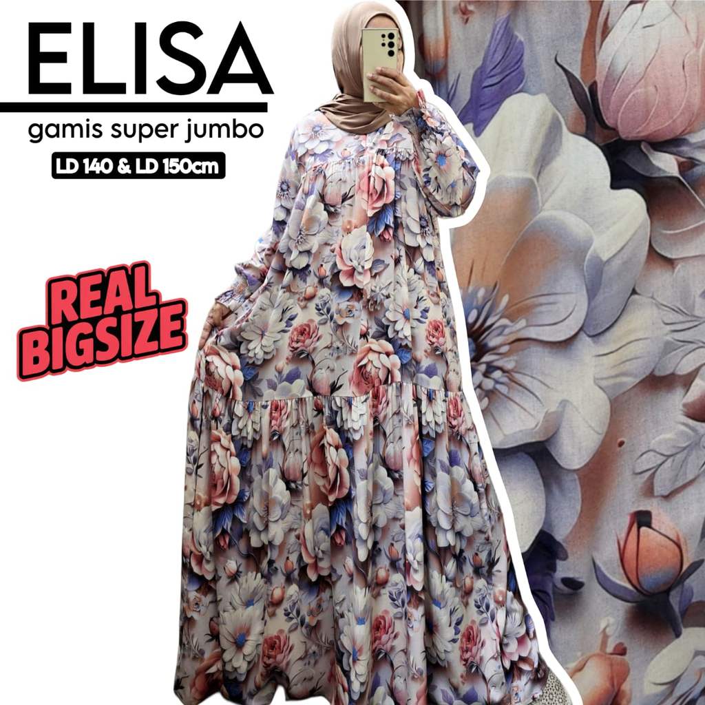 Gamis Jumbo LD140 LD150 Elisa Dress Rayon Boutique Motif Printing 3D Bunga Pinggul Lebar Maxi Wanita