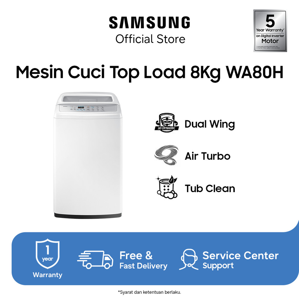 Samsung Mesin Cuci Top Loading 8Kg | Eco Tub Clean | WA80H4200SW/SE