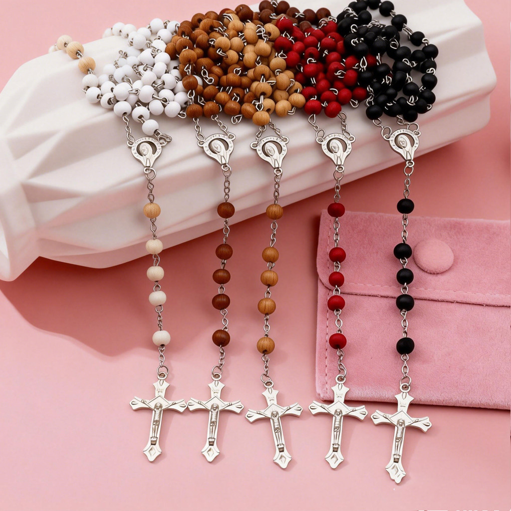 Kalung Tasbih Kayu untuk Berdoa, Wangi & Warna-warni, dengan Salib & Kotak Segi Delapan