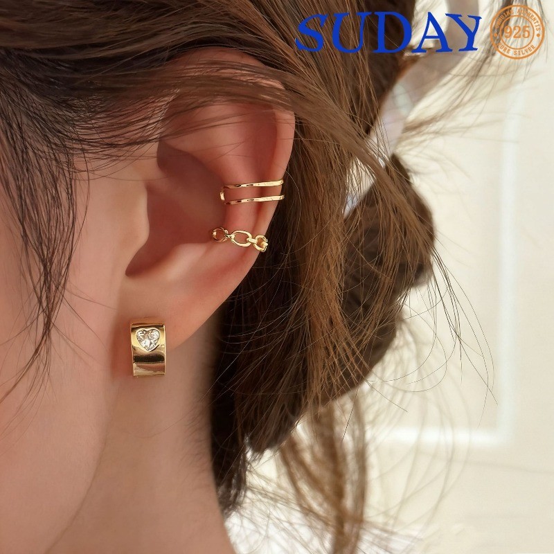 SUDAY Anting Tusuk Zirkon Hati Berlian Tunggal Pita Lebar Untuk Pasangan (Pria & Wanita)