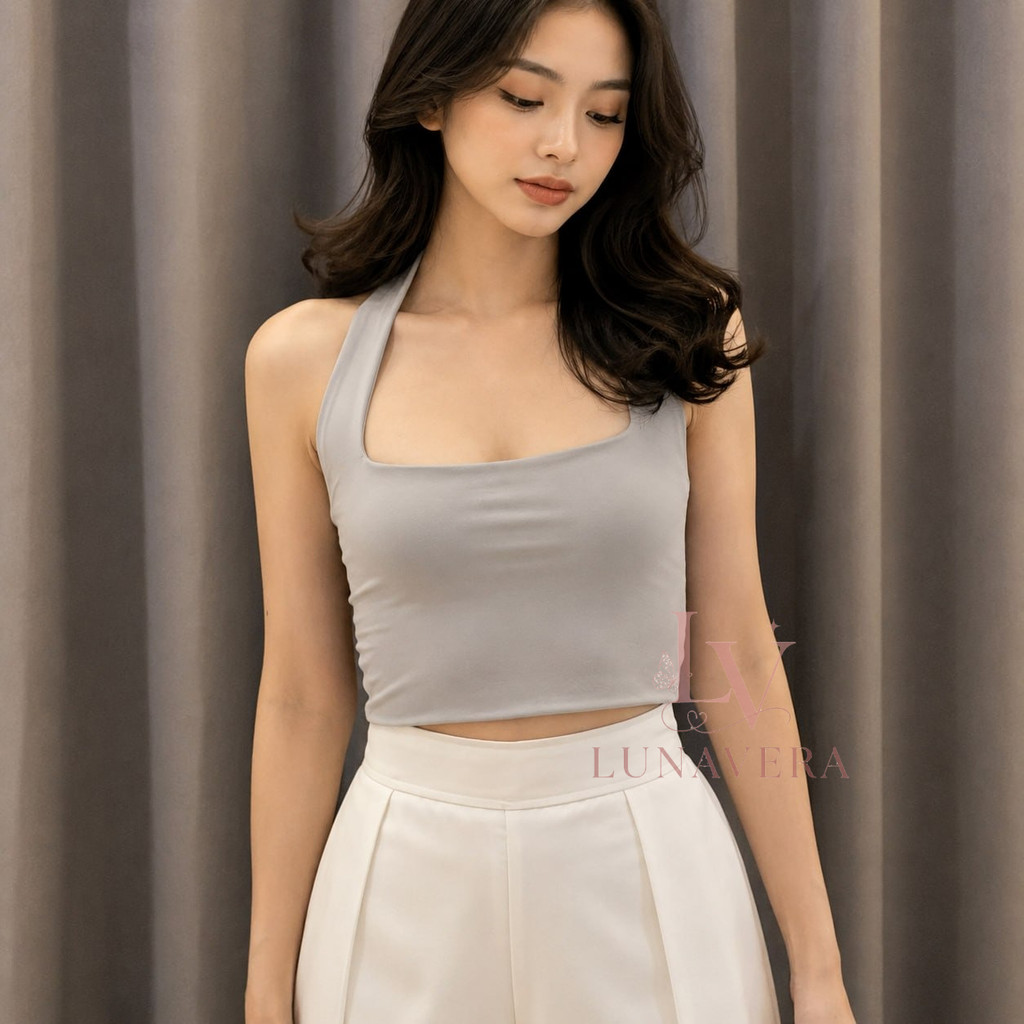 Alzena Halter Tank Top Crop Premium Jersey - Atasan Baju Wanita Croptop Square Neck Fashion Wanita O