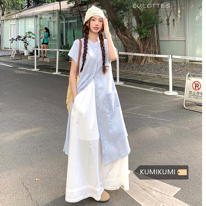 [ Luna Style Id] Ukuran besar Jepang manis lipat pakaian set wanita baru bergaris kemeja gaun kaki