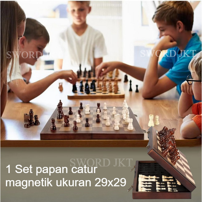 Papan Catur Kayu 29x29cm Magnetic Foldable Chess Board Set Bidak Kayu Solid Board Game Lipat Portabl
