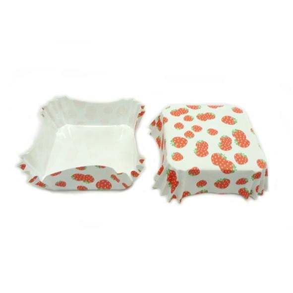 Kertas Roti/Kue Kotak | Pet Coated Square Paper Cup Motif Strawberrry Isi 300pcs/pack Size 80x80x30m