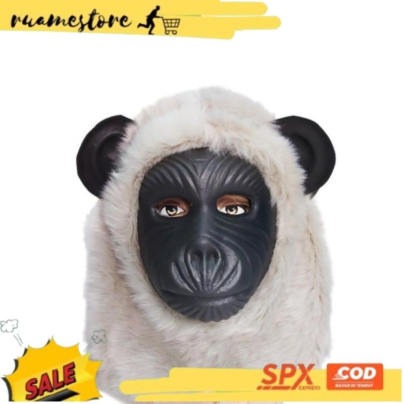 PRODUK NEW Top Sale️ Topeng monyet warna hitam putih / Topeng monyet  / Topeng monyet karet berbulu 
