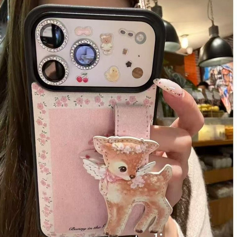 case iphone 17 pro max Korean bunny 16 promax aesthetic Wristband 15 14 pro deer bear iphone case