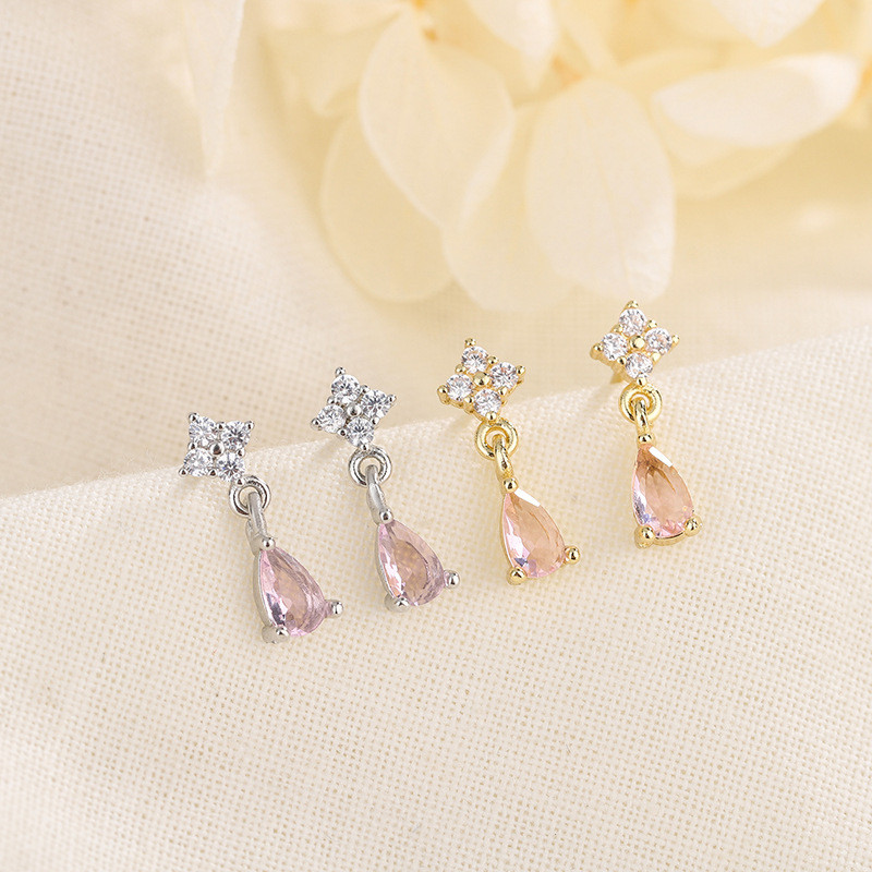 Anting Wanita Emas Perak Zircon Pink Tetes Air Gaya Korea Elegan Cocok Untuk Kencan Hadiah Dan Haria