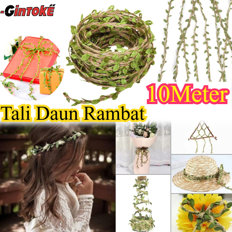 10Meter/Roll Tali Daun Rambat / Tali Pita Goni Daun/ Tali Rami Anggur Hijau Buatan/ Tali Goni Dengan