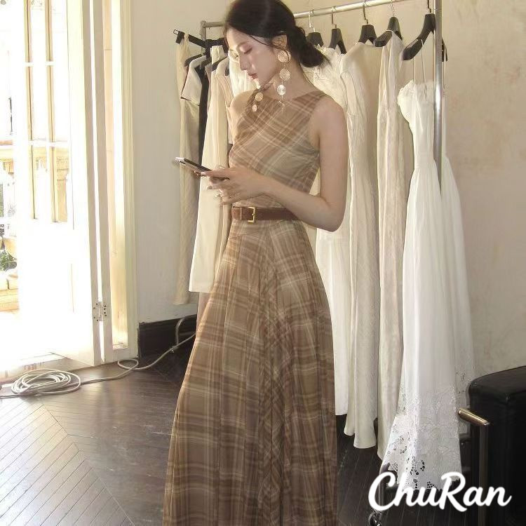 Chu Ran Perangai Gaun Rompi Tanpa Lengan Motif Kotak-Kotak Retro Musim Panas Untuk Wanita