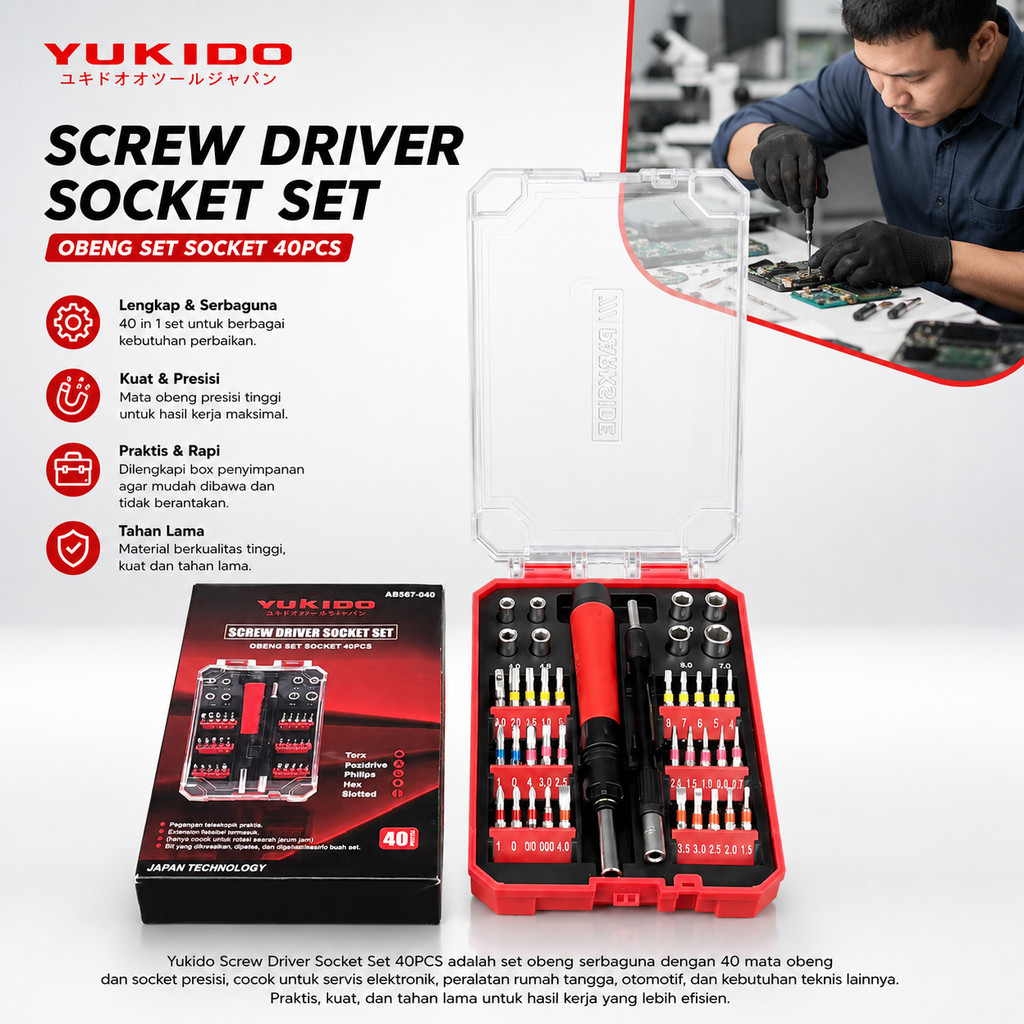 OBENG SET 40 PCS JAPAN KUNCI SET BOX MIKA CHROME VANADIUM KUNCI SOCKET SET OBENG HP ELEKTRO SET CRV