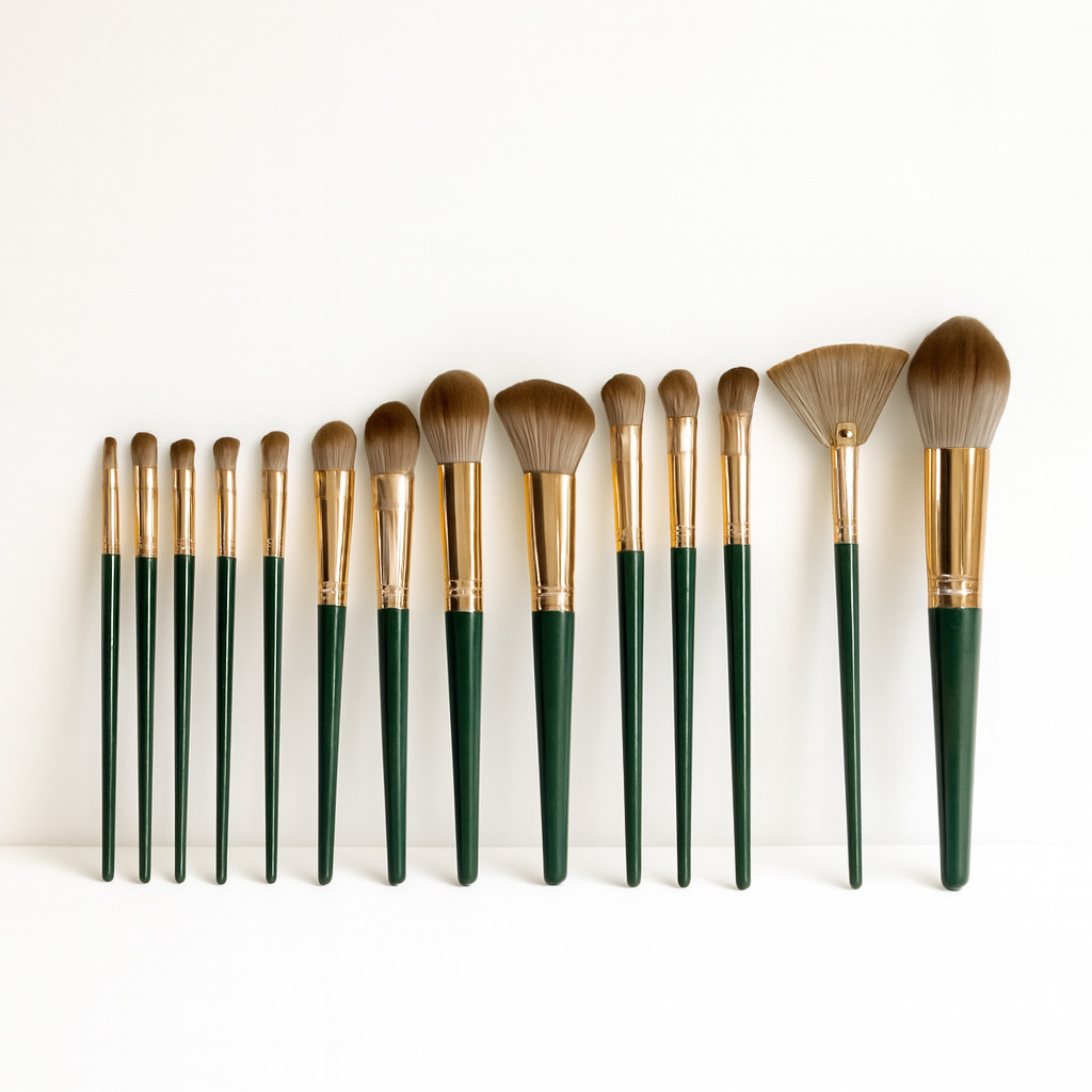 Makeup Brush Set 14 Pcs Travel Edition Seri Hijau Dengan Pouch Portable Blush On Eyeshadow Highlight