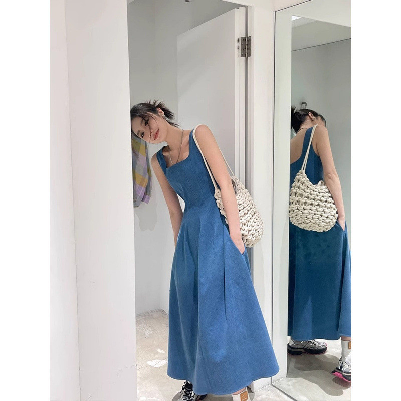 Gaun Denim Prancis Cinta Kabut Biru dengan Tali Panjang