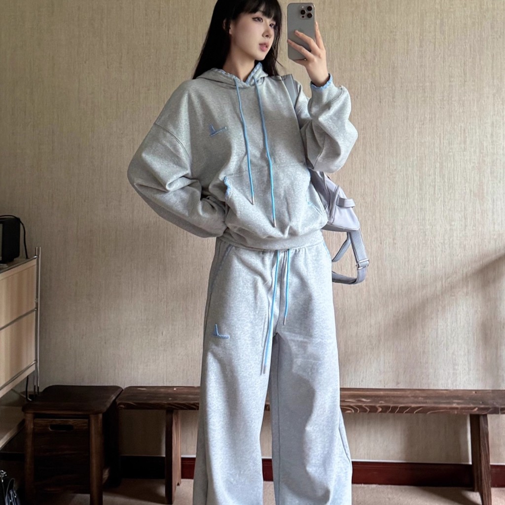 [Saror]Set Pakaian Olahraga Wanita Longgar Pelangsing Fashion Korea Sweatshirt Santai Set Dua Potong