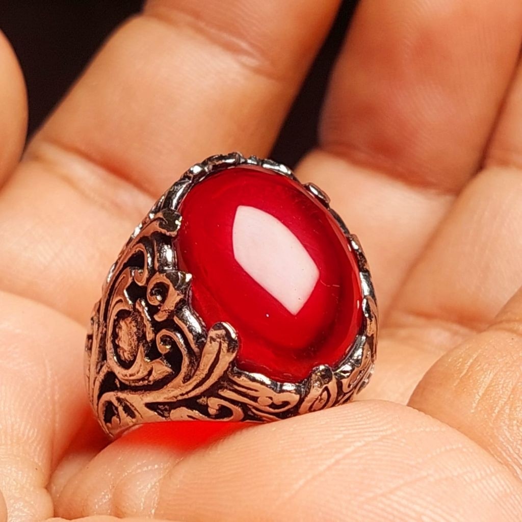 Cincin batu akik merah siam jagabaya 20mm / ring cakar semi tanam / batu tidak asli alam batu buatan