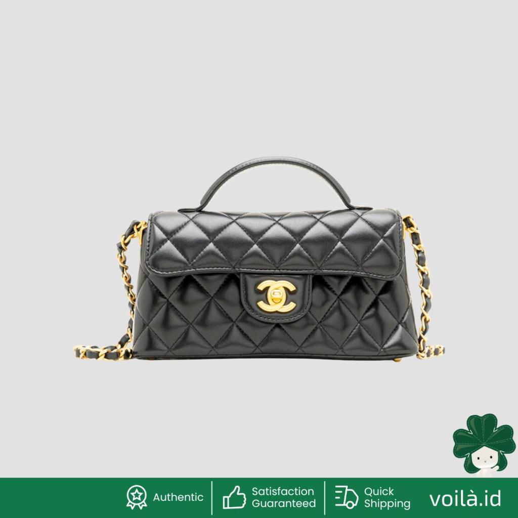 Mini Flap Top Handle Bag Smooth Calfskin Leather Black Ghw