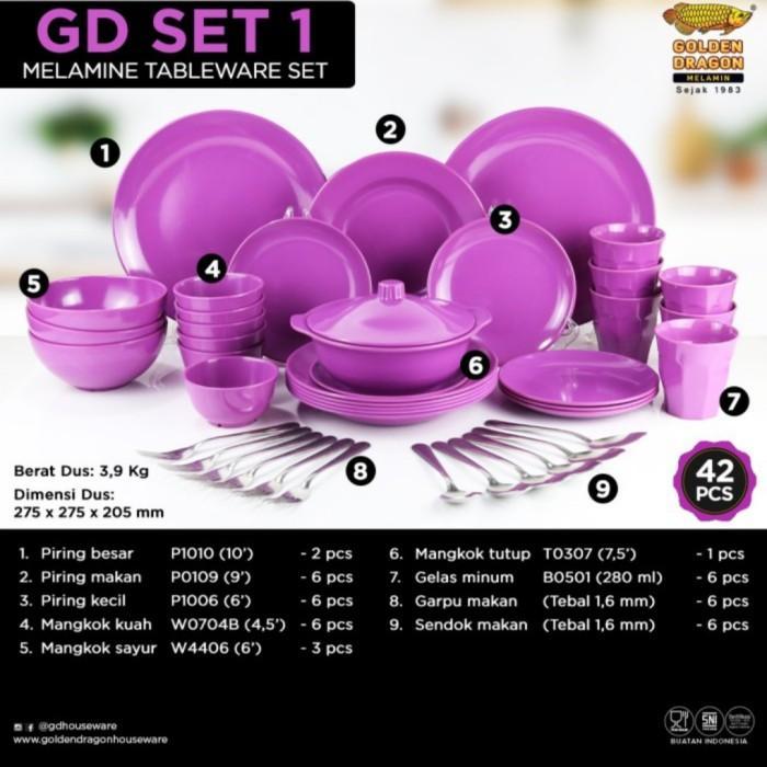 ellastore9 Piring Mangkok Melamin Set Golden Dragon 42 pcs - merah marron - Ungu