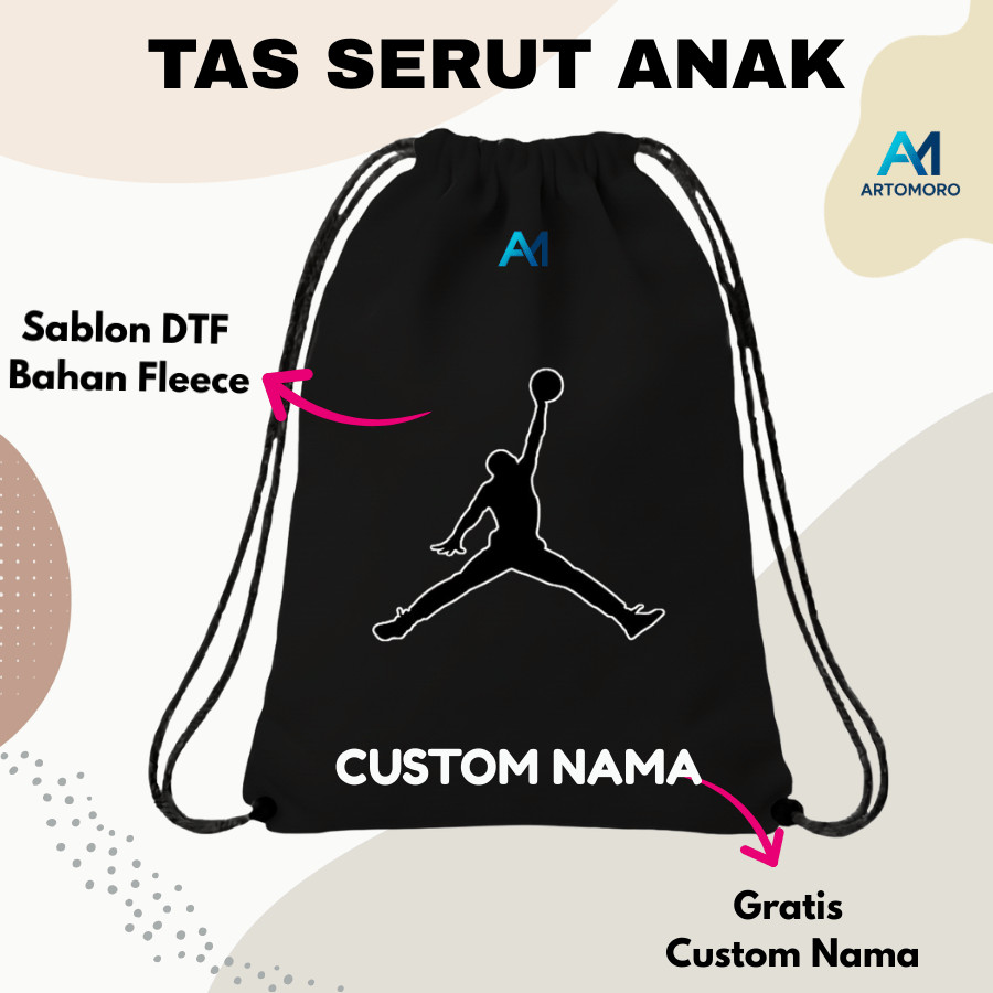 Tas Serut Anti Air | Drawstring Bag Anak Custom Nama | Design JORDAN| Tas Renang Sport Olahraga Anak