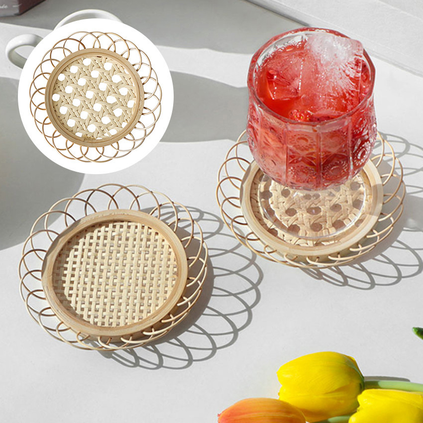 Alas Gelas Rotan Serbaguna Rattan Coaster Coffee Gelas Minum Tatakan Gelas Anyaman Rotan Dekorasi