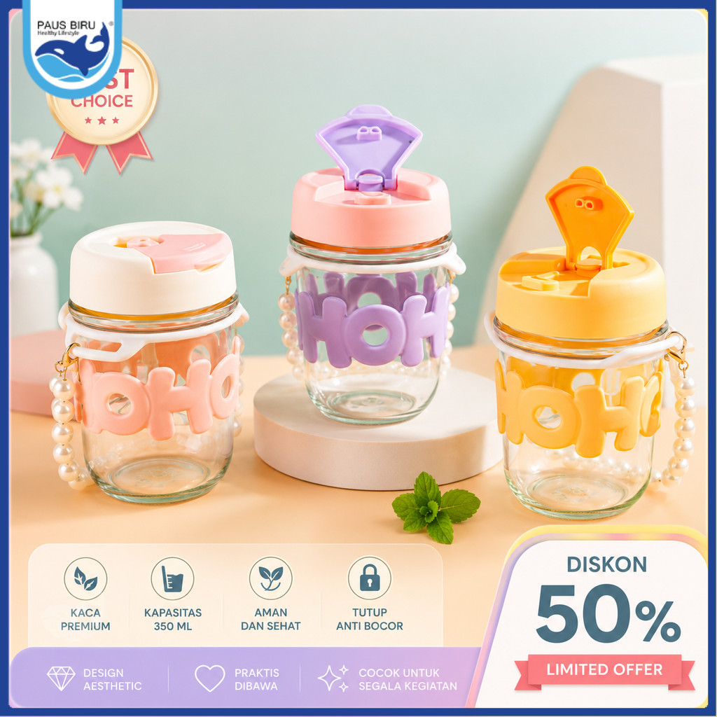 Paus Biru - Tumblr Gelas Kaca Gelas Kopi 350 ML Aesthetic Cup dengan Sedotan Kaca