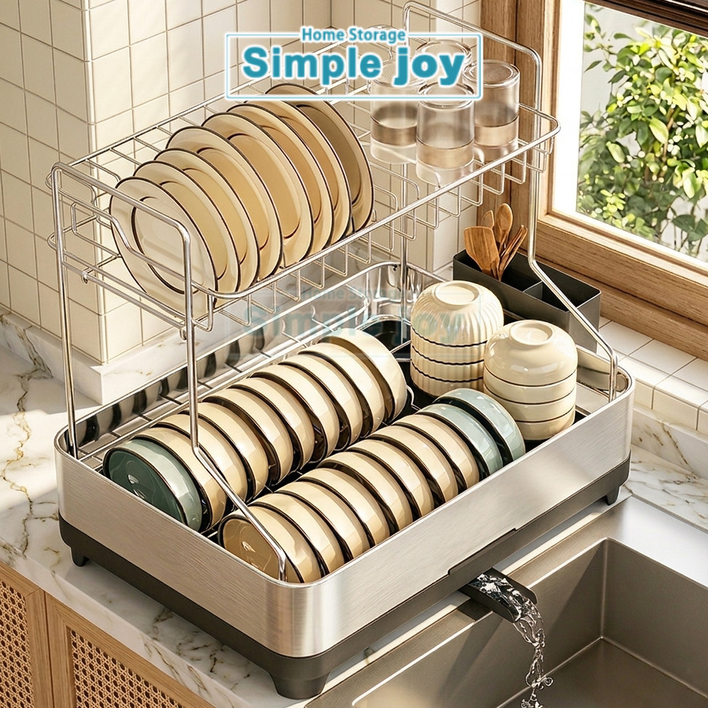 SimpleJoy Rak Piring Baki Cuci Piring Stainless Steel Besar Drainase Otomatis Tempat Alat Makan