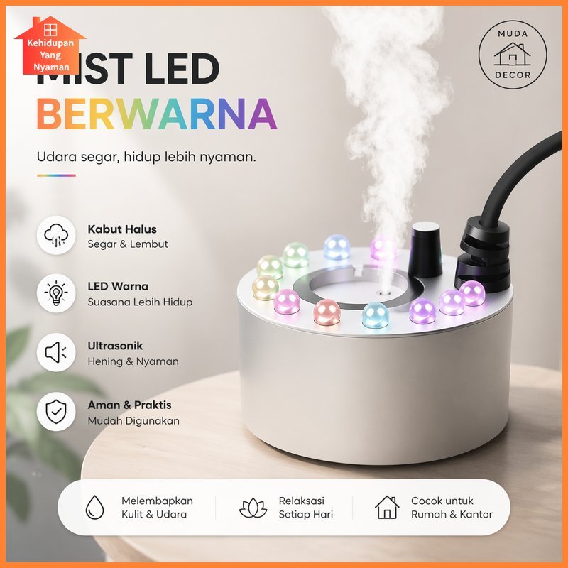 mist maker humidifier ultrasonik pembuat kabut led warna akuarium kolam air mancur ruangan