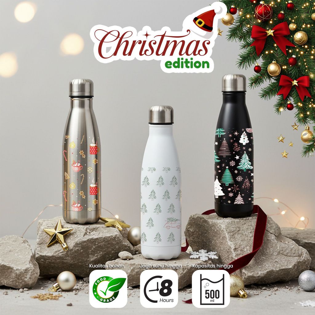 Botol Air Stainless Steel 304 Edisi Natal Kapasitas 500ml Desain Festif Motif Pohon Natal, Salju dan
