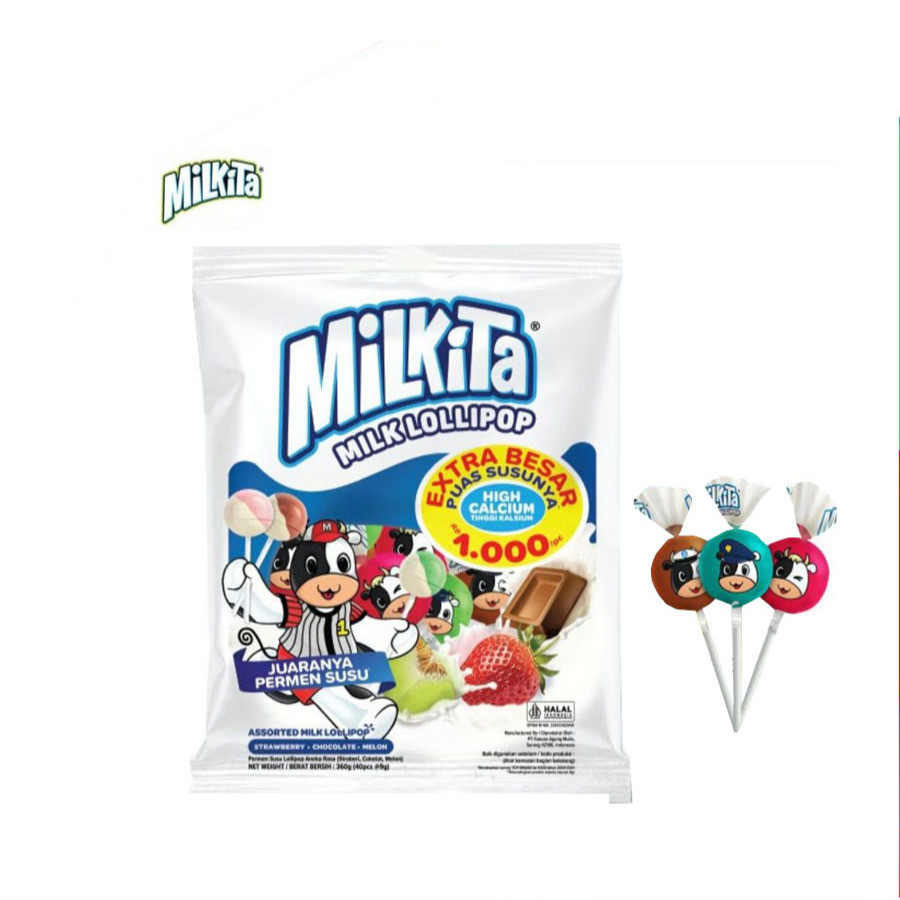 [UniGrosir] Milkita Milk Lollipop Permen Lolipop Loli Susu Candy Coklat Stroberi Melon 40 pcs x 9 g 