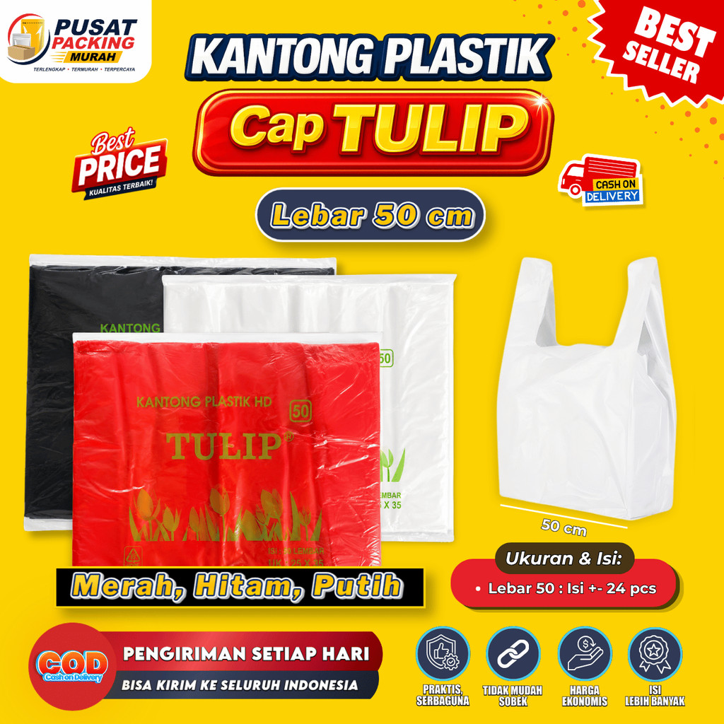 Kantong Plastik Tulip Lebar 50 cm Hitam Putih Merah Kresek Besar Kresek Packing Tebal Cap Tulip