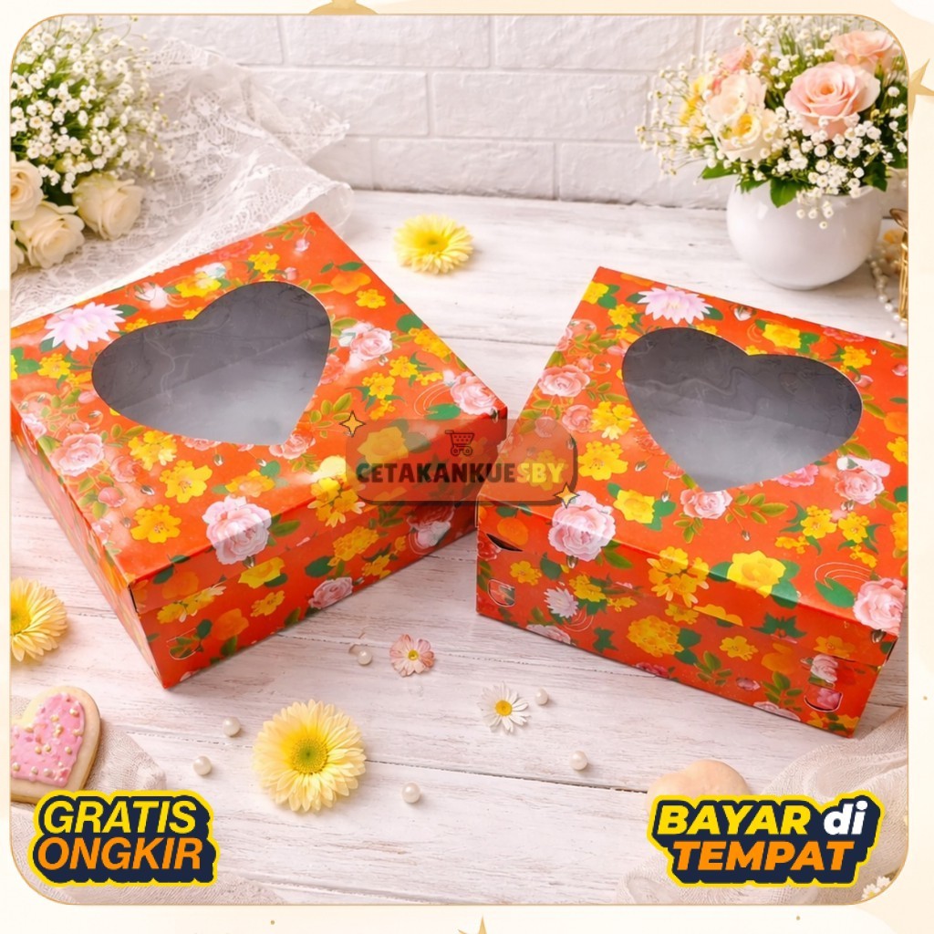 Dos Tart Hati Cetak Motif Mawar Tutup Mika Pisah Box Kue Roti Cake Pudding Hampers Duplex Coated