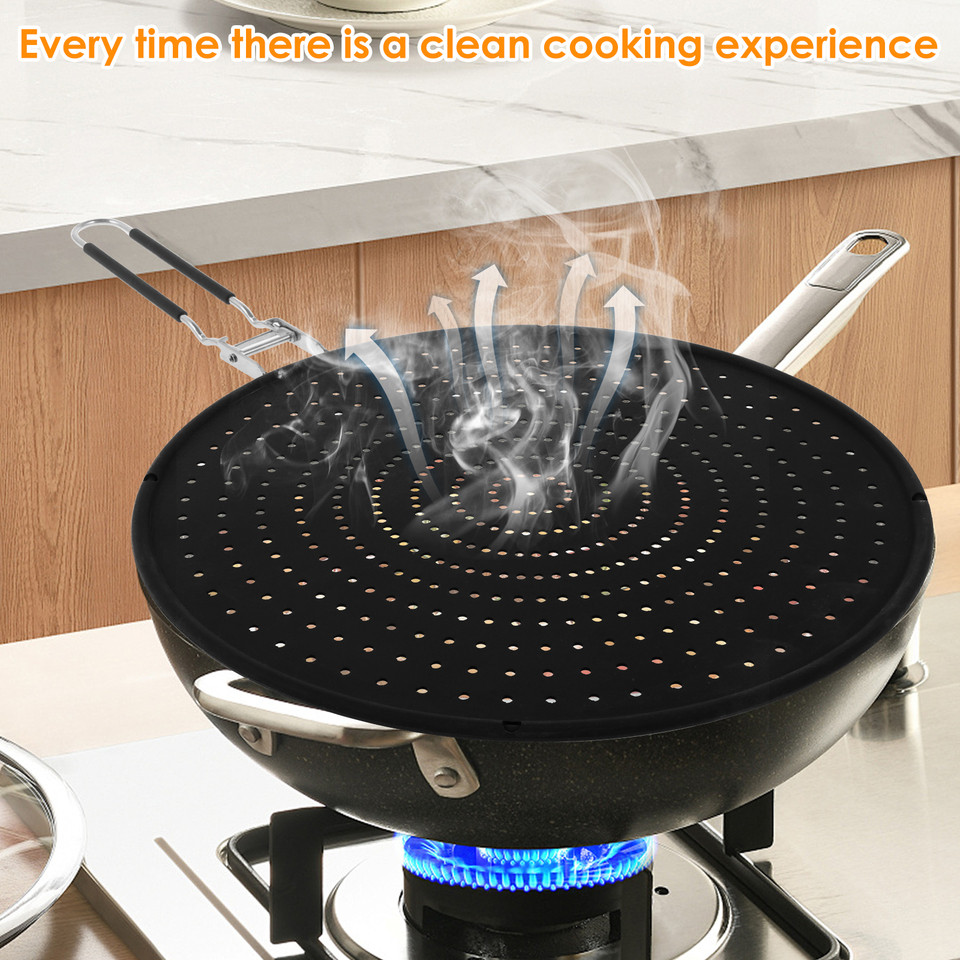 Splatter Screen for Frying Pan Silicone Kitchen Splatter Screen with Handle Heat Resistant Grease Sp
