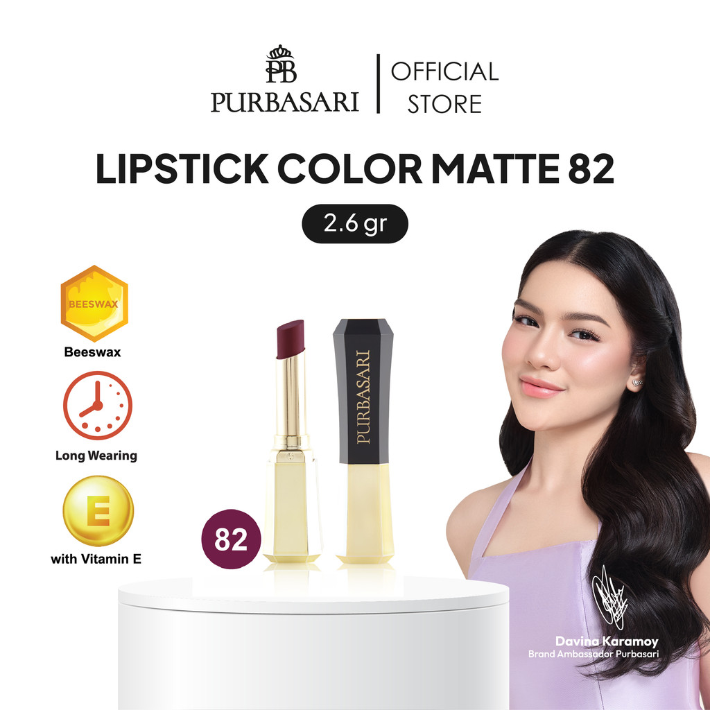 Purbasari Lipstick Color Matte 82 / Lipstick Matte / Lipstick tahan 12jam - Ringan dan lembut di bib