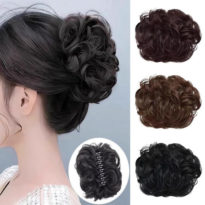 Ready Hairpiece Wanita Jepit Rambut Sanggul Bulat Rambut Pendek Keriting Volum - black