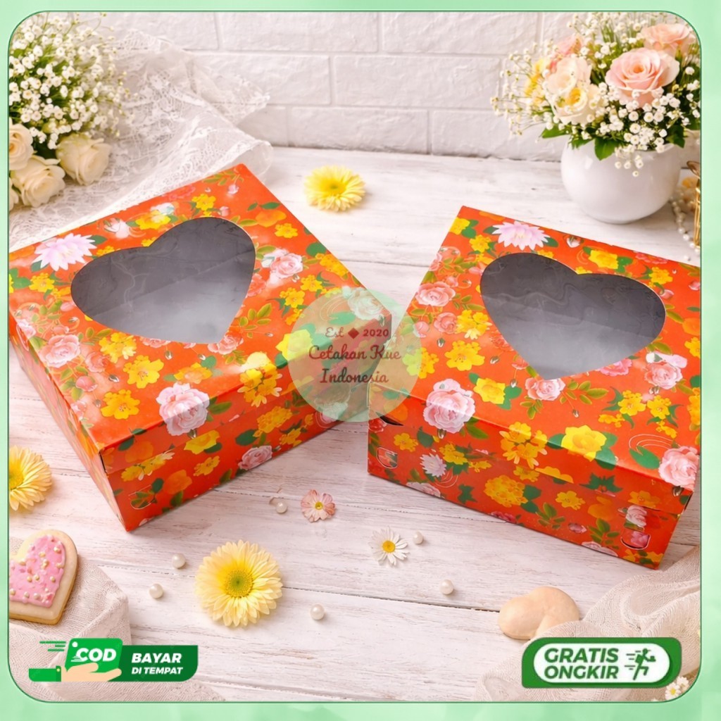 Dos Tart Hati Cetak Motif Mawar Tutup Mika Pisah Box Kue Roti Cake Pudding Hampers Duplex Coated