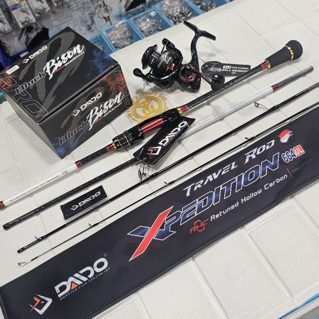 Set Ultralight Casting || Joran Daido Expedition SP664UL Travel Rod, 2-6lbs & Reel Daido Black Bison