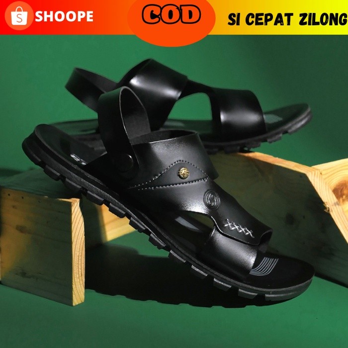 Sandal Pria Kulit Asli Impor Slip On Trendy Terbaru Model Open TOP