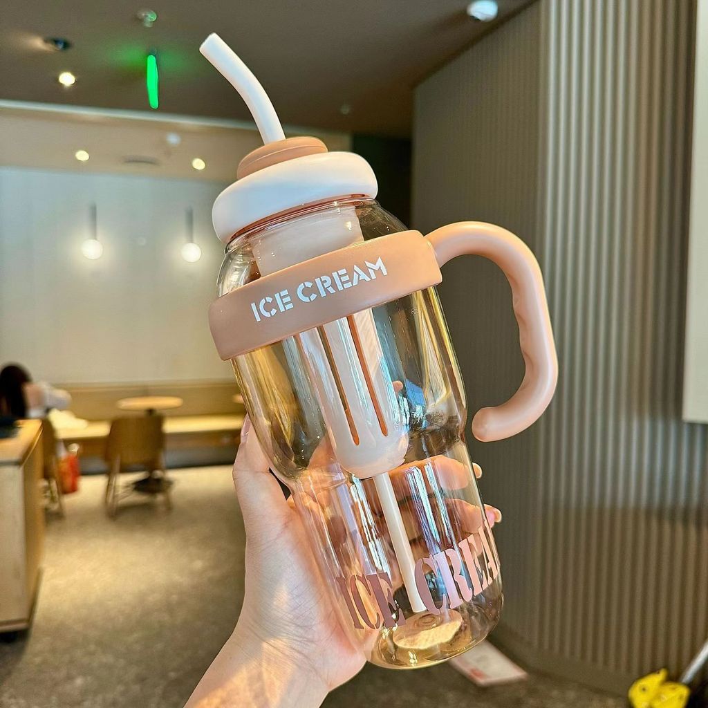 GROWSIR Tumbler Botol Minum Ice Cream Viral Jumbo 1300ML Aesthetic Sedotan Infuser Pegangan Gagang