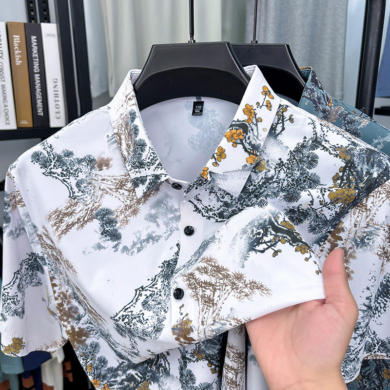 Fashion Ice Silk Thin Floral Shirt for Men