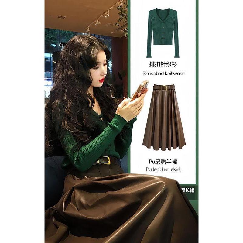 Set Gaya Chanel Sweater Rajut Hijau Modis Rok Kulit Set Dua Potong