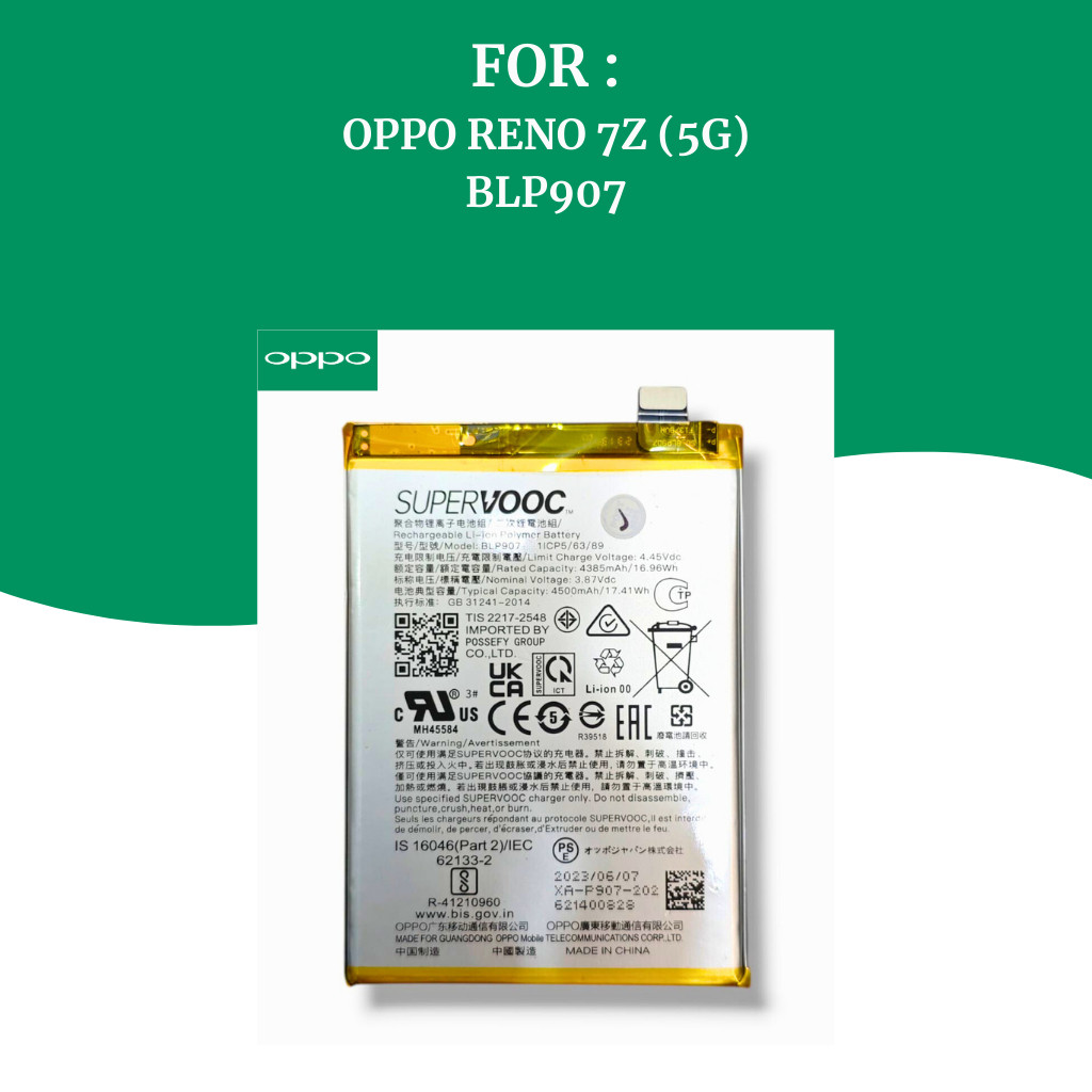 Battery Oppo Reno 7Z (5G) Supervooc / Battery Handphone (HP) Oppo Original BLP907
