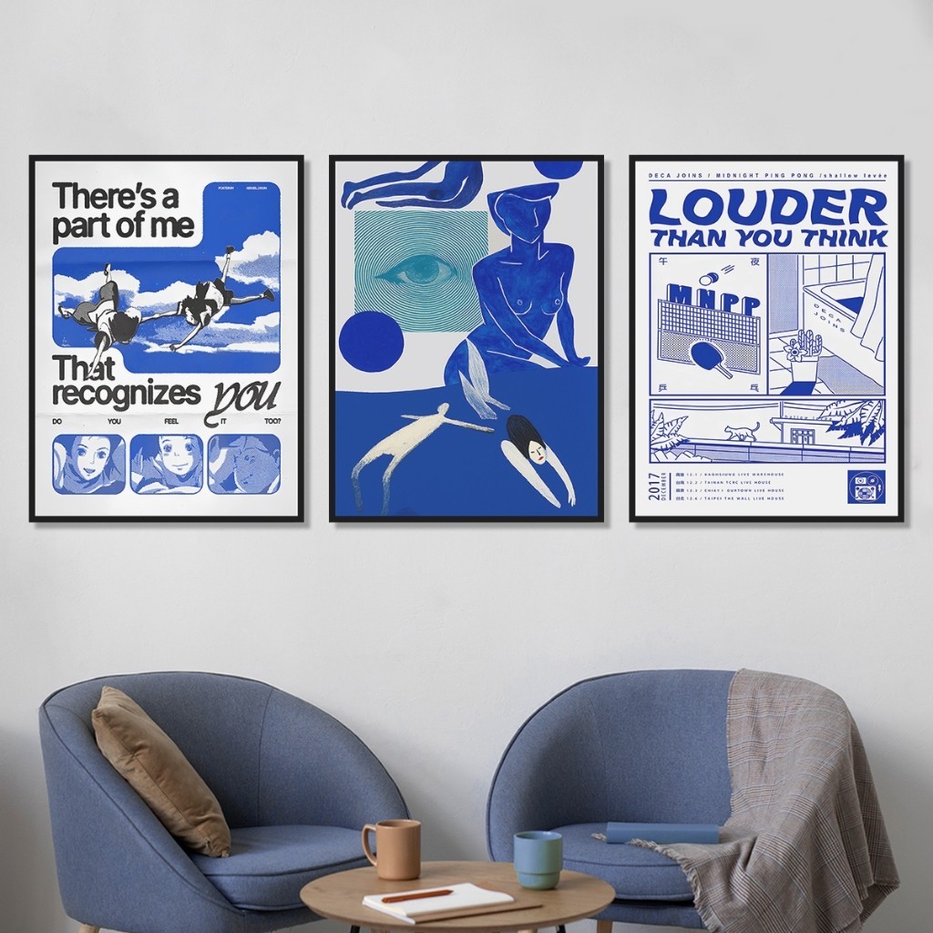 Poster Hiasan Dinding Aesthetic Warna Biru Minimalis Dekorasi Ruang Tamu Kamar Tidur & Kafe