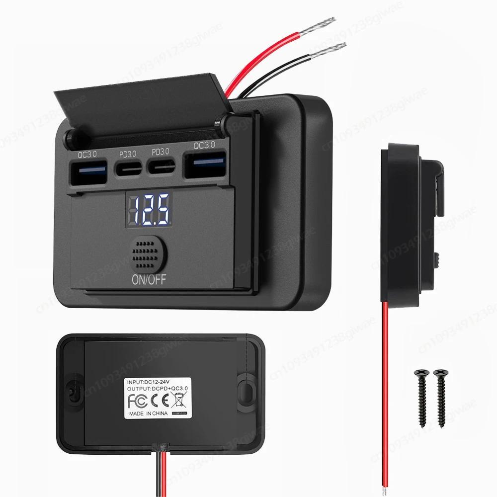 102W Upgraded 4 Port 12V USB Outlet Dual QC3.0 Dual PD3.0 Type-C Wall Mount Waterproof arger Panel w